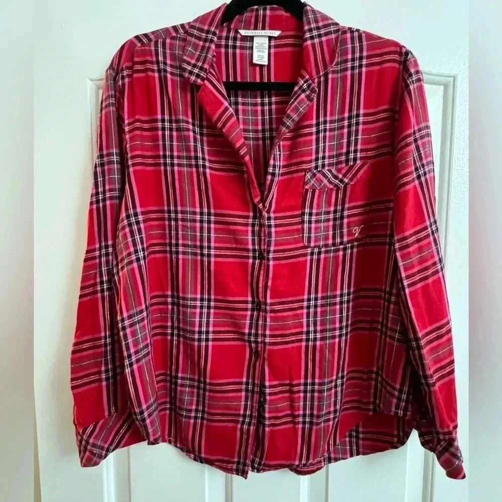 Victoria’s Secret Y2K Plaid Gold Shimmer Button Down Sleep Top Small Holiday